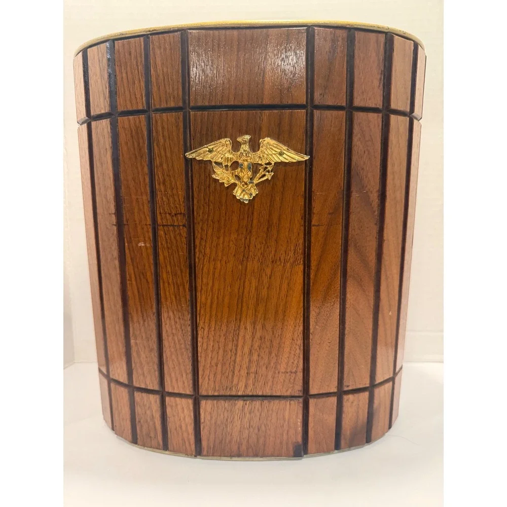 Vtg Gruvwood Walnut Tambour Slat Wastebasket Trash Can Eagle 1960s MCM USA Made